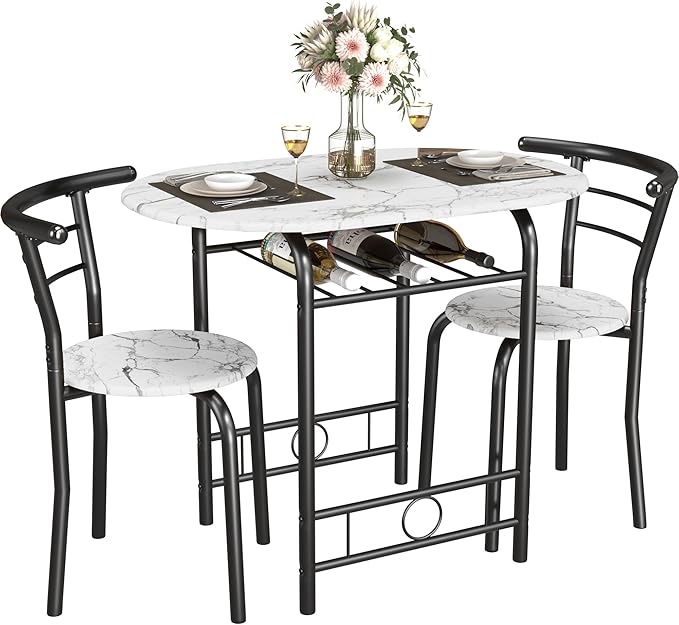 Vineego 3 Pieces Dining Set for 2 Small Kitchen Breakfast Table Set Space Saving Wooden Chairs and Table Set,Dark White