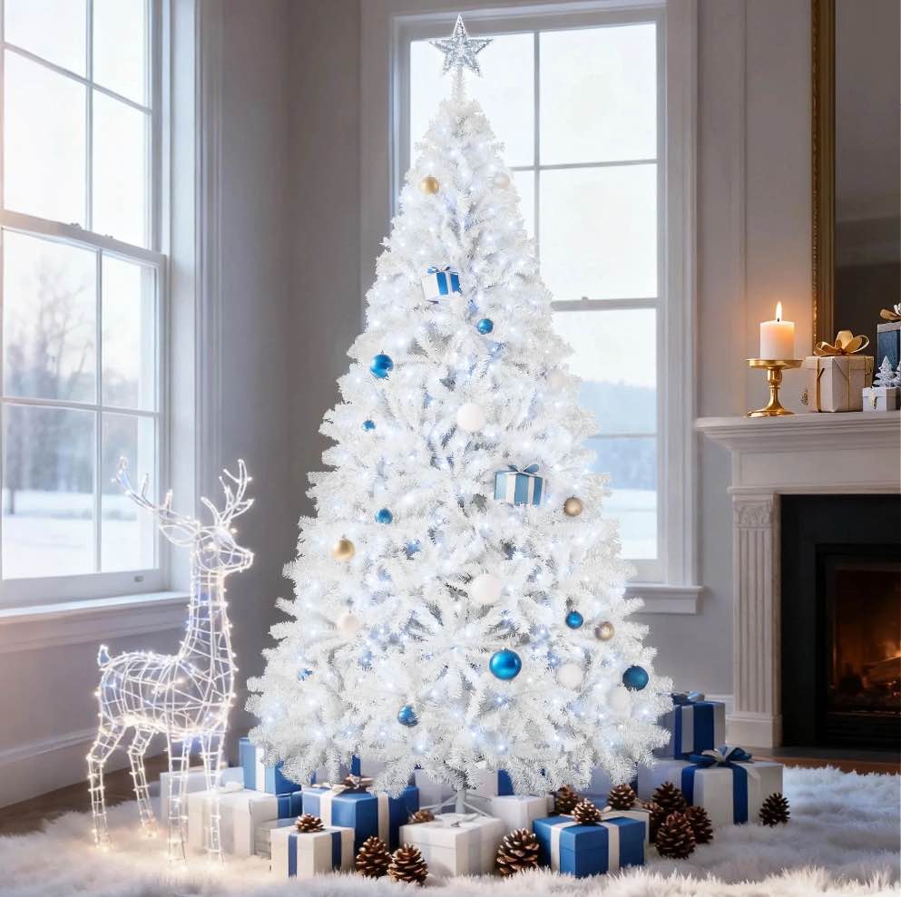 7.5FT Prelit Christmas Tree, Full Xmas Pine Tree with 1300 Branch Tips 400 Cold Warm Light for Holiday Indoor Outdoor Decoration, White