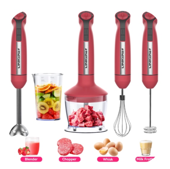 LINKChef Immersion Blender, 20-Speed 1000W 5-in-1 Immersion Hand Blender, Stick Blender with Turbo Mode, Baby Food Processor with Chopper, Blender for Kitchen with 600ml Beaker (Red)