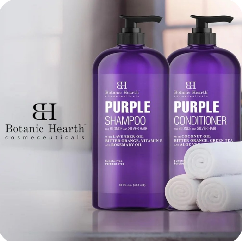 BOTANIC HEARTH Purple Shampoo and Conditioner Set - for All Shades of Blonde, Silver and Gray Hair - Enhances Highlights - Sulfate Free, Paraben Free, 16 fl oz each