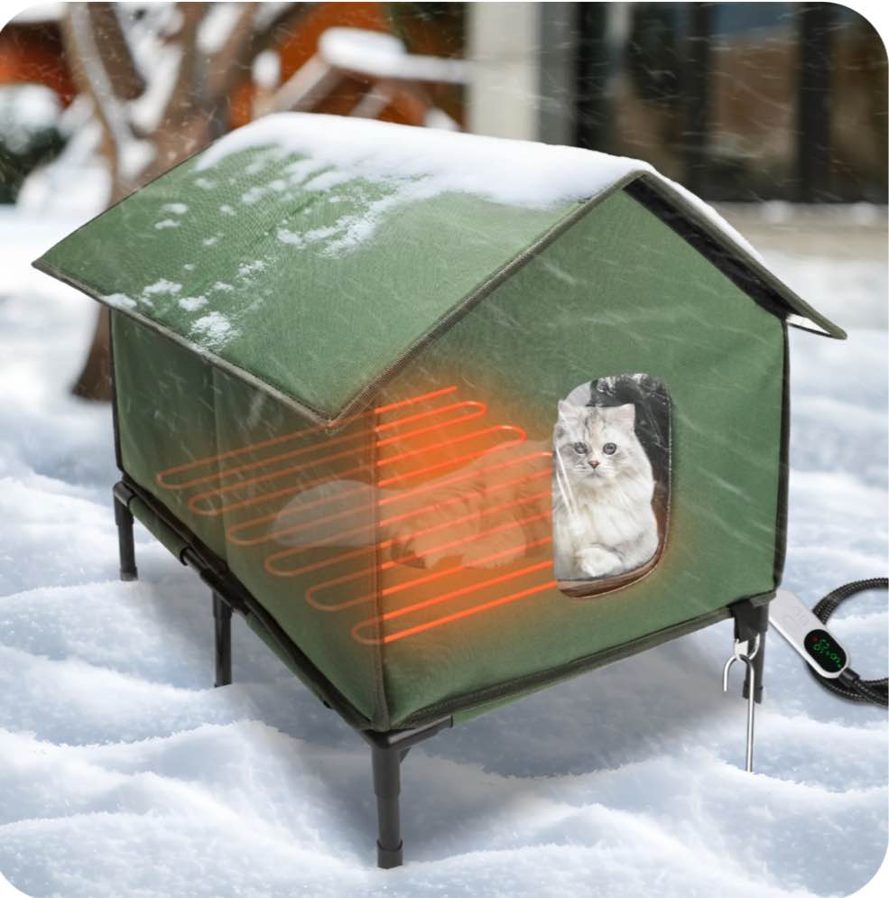 YUWENUS Heated Cat House with Heated Pad and Escape Door for Outdoor Weatherproof Cat Shelter Insulated Outdoor Cat House,Green,Small