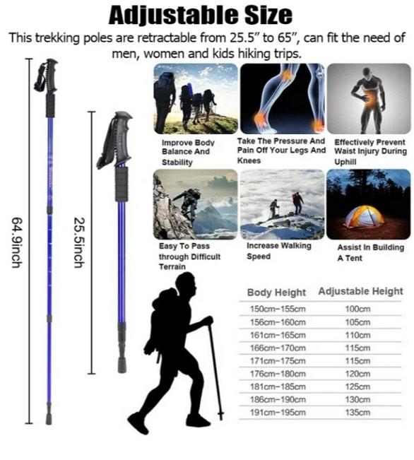 IC ICLOVER Pair 2 Trekking Walking Hiking Sticks Poles Quick Lock Adjustable Alpenstock 25.5" to 64.9" for All Heights, Durable & Lightweight Aluminum, Blue