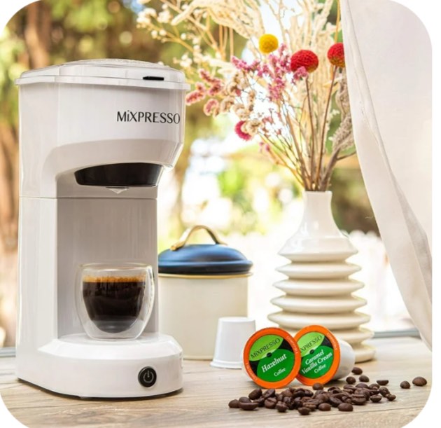 Mixpresso Single Serve Coffee Brewer, K Cup Compatible & Ground Coffee, White