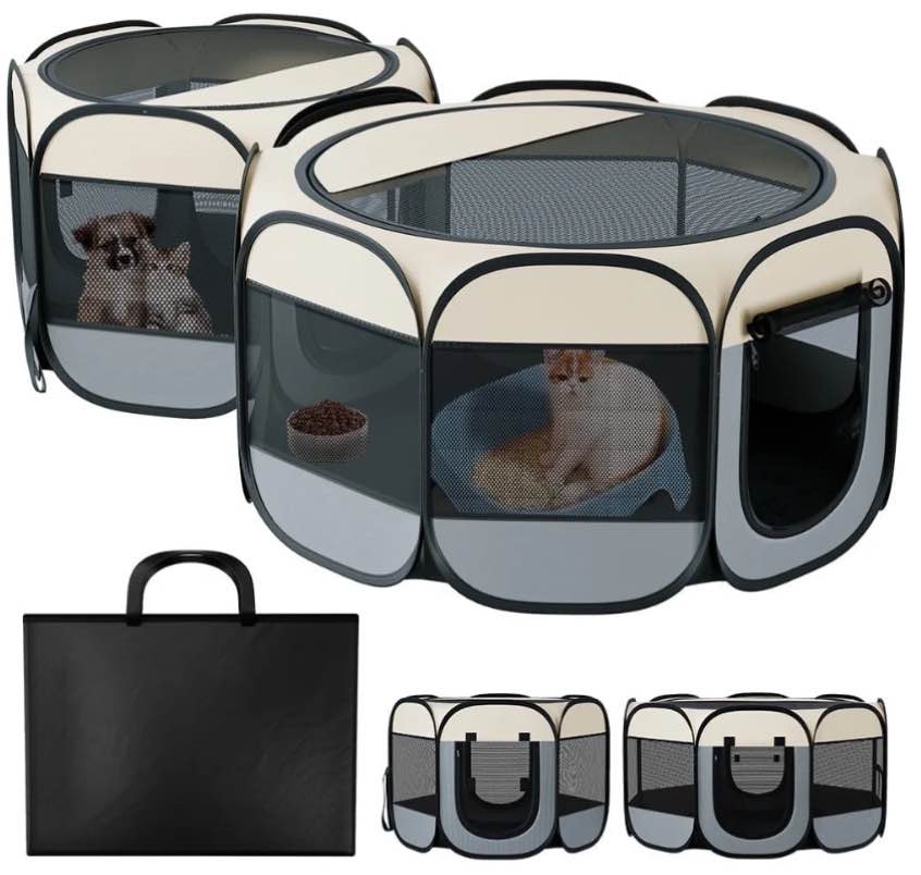 Cat Playpen, DOMIPET 2-in-1 Pop Up Dog Playpens with 2 Doors Indoor Outdoor Use, Portable Pet Playpen Dog Cat Tent Enclosure for Kitten Puppy Small Animals