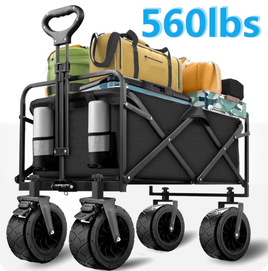 Qunler 560lbs Collapsible Folding Wagon, Big Bucket Beach Cart, Heavy Duty Large Capacity Garden Wagon with Multi-Terrain Brake Wheels for Outdoor Camping, Shopping, Sports, Grocery, Kids, Black