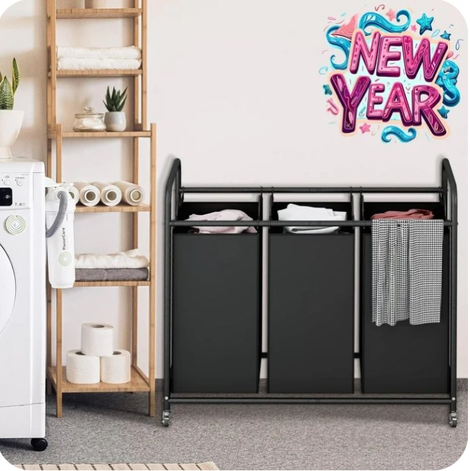 Seamika 3-Bag Laundry Sorter Cart with Wheels – Heavy Duty Rolling Hamper with Removable Bags for Laundry Room Organization (Black)