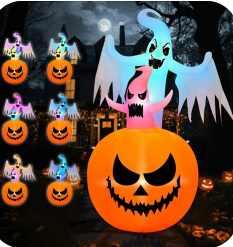 B&D 6FT Halloween Inflatables Outdoor Decorations, Inflatable Pumpkin and Ghosts Halloween Decorations with Built-in RGB LEDs Blow Up Inflatable for Halloween Party Garden Yard Lawn