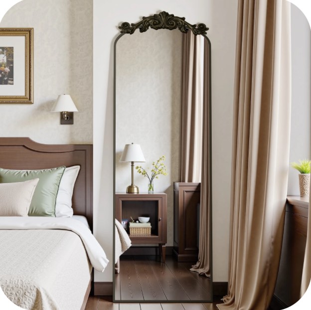 Antok 64"x21" Vintage Arched Full-Length Mirror with Carved Metal Frame, Baroque-Style, Bronze