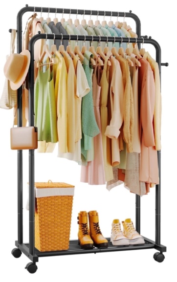 Sakugi Clothes Rack, Double-Rod Garment Rack with Hooks & Mesh Shlef, Versatile Clothing Racks for Hanging Clothes, Hats, Bags, Portable Hanger for Bedroom, Laundry, 32.7"×16"×59.1", Black