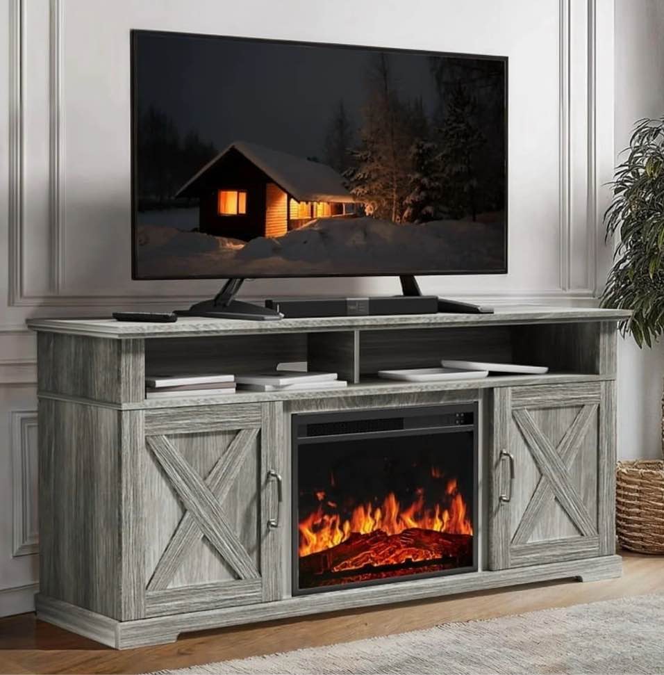 Electric Fireplace TV Stand for TVs up to 75", Farmhouse Entertainment Center with Fireplace, Grey