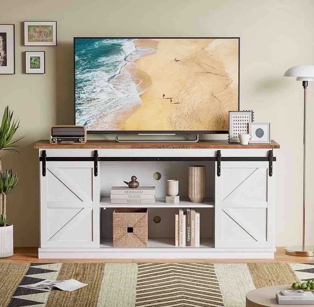 Lumihaven Rustic Modern TV Stand for 65-Inch TVs - Entertainment Center with Storage Cabinet & Sliding Barn Door Design,White