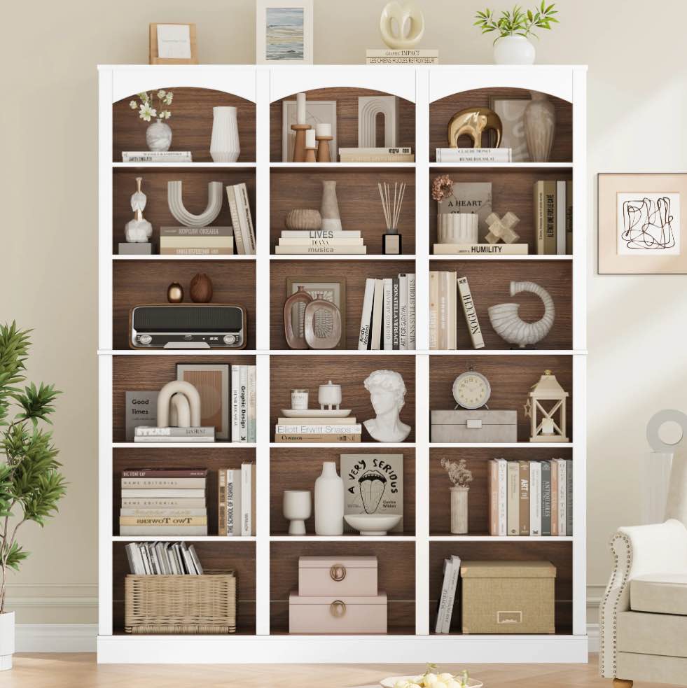 Homfa 18-Cube Bookcase and Bookshelves, 71.2" Triple Width 6 Tier Freestanding Arch Library Cabinet for Home Office Living Room, White Bark Texture & Walnut