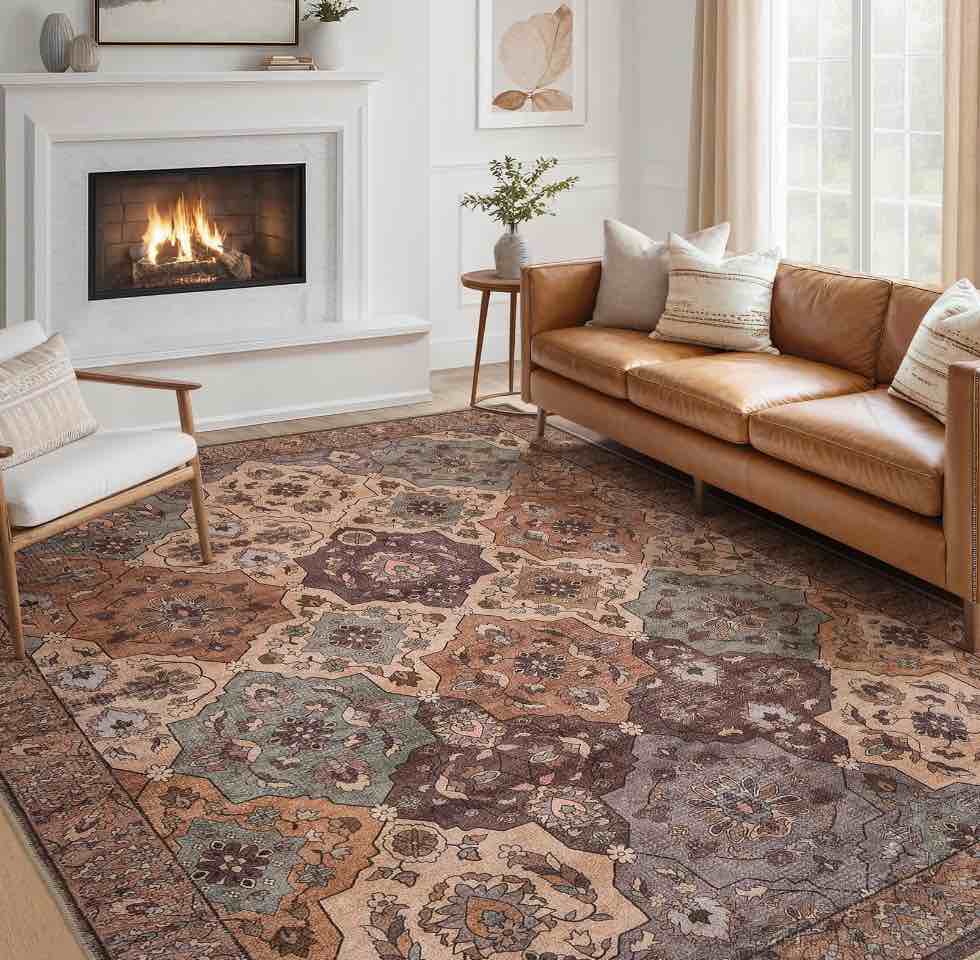 8x10 Area Rug Living Room Rugs - Washable Boho Rug Vintage Oriental Distressed Farmhouse Large Thin Indoor Carpet for Living Room Bedroom Under Dining Table Home Office-Brown