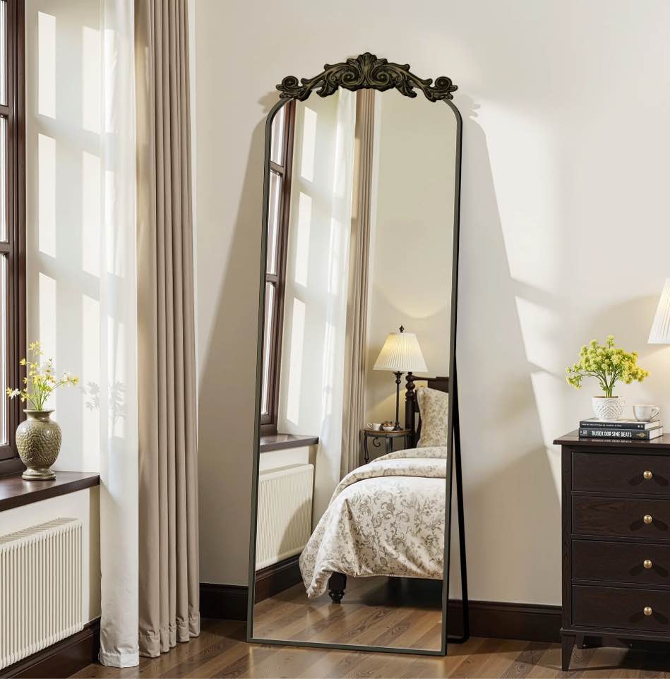 Antok 64"x21" Vintage Arched Full-Length Mirror with Carved Metal Frame, Baroque-Style, Bronze