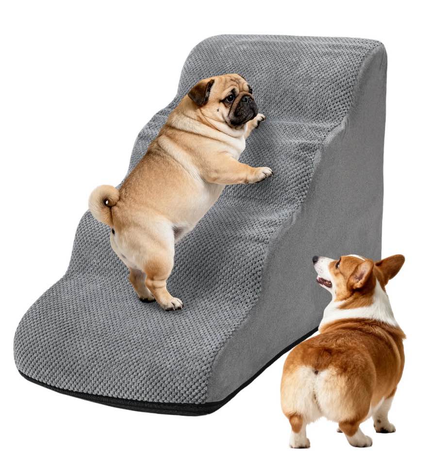 LCOKEIY Gray Curved Dog Stairs Ramp for High Beds Couch Soft, 20" H, 4-Step Dog Steps for  Small  Dogs and Cats, Non-Slip Pet Stairs