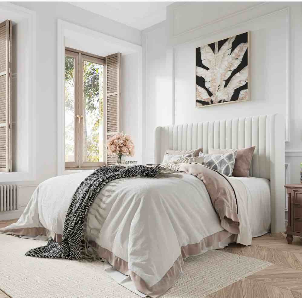 Amolife Queen Size Velvet Upholstered Bed with Wingback Headboard, Off-white