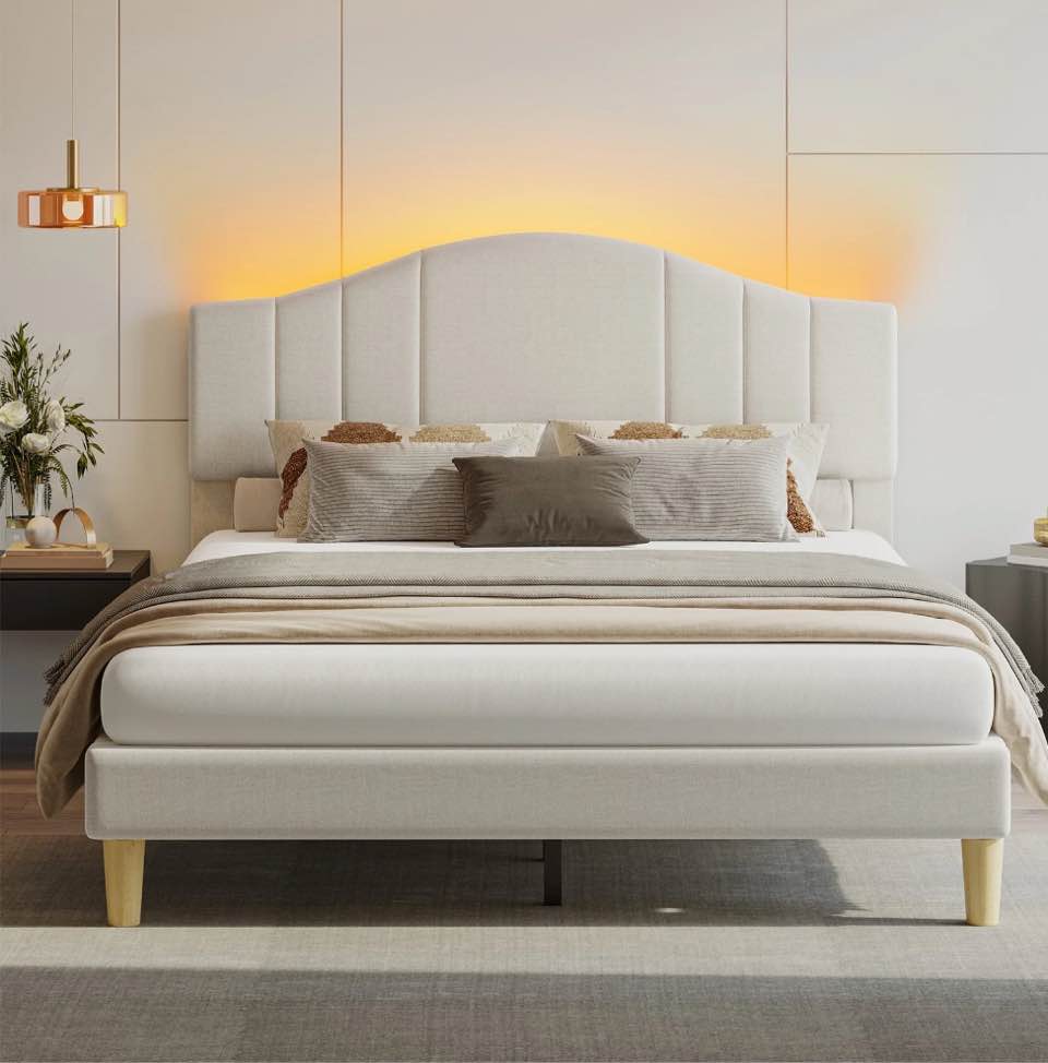 Pinmoco Queen Upholstered Bed Frame with Adjustable Arc-shaped Headboard, LED Platform Bed, Beige Fabric