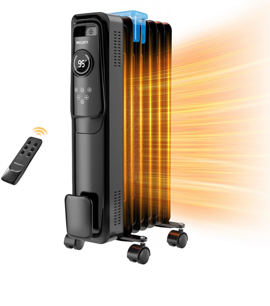 VECUKTY 1500W Oil Radiator Heater, Electric Oil Filled Space Heater Radiator with Remote Control,Child Lock,3 Modes,Overheat & Tip-Over Protection?24h Timer Digital Thermostat,Black