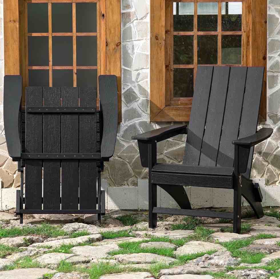 Garpans Folding Adirondack Chair Weather Resistant Outdoor Adirondack Chair HDPE Outdoor Chair for Patio Front Porch Pool Garden Deck Fire Pit Outside, Black
