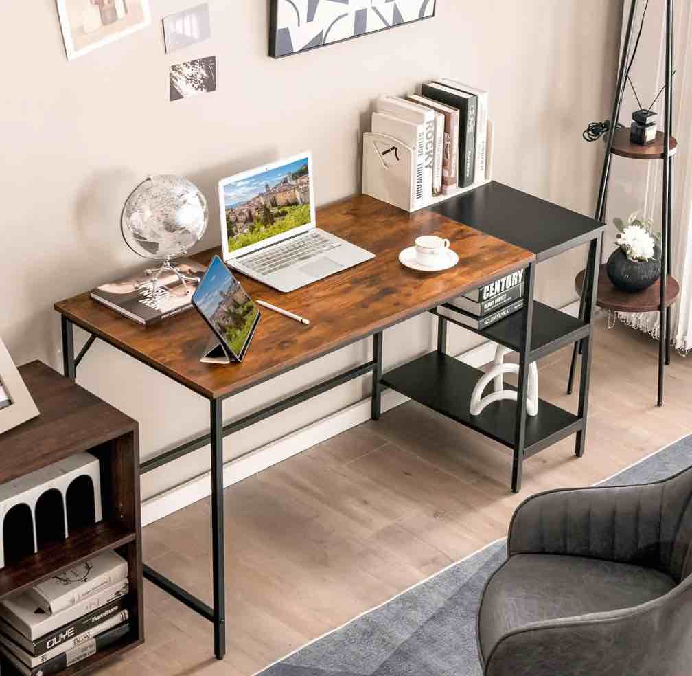 HEFPTURE,  Computer Desk with Storage Shelves – Home Office Desk with Rustic Wood Top, Metal Frame, 3-Tier Shelves & Cable Management for Study & Work