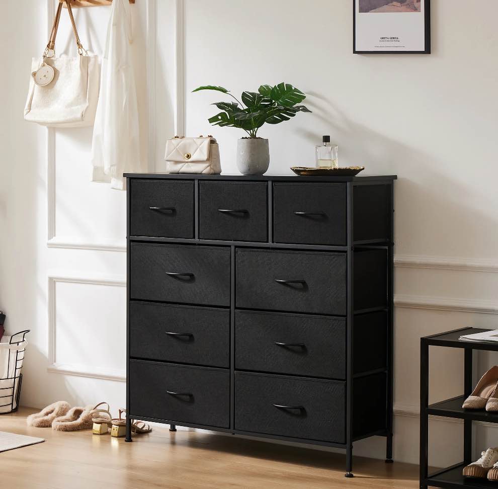 EDX 9 Drawer Dresser, Wide Chest of Drawers Nightstand Storage Tower Storage Fabric Dresser with Wood Top for Living Room, Bedroom, Hallway,Black