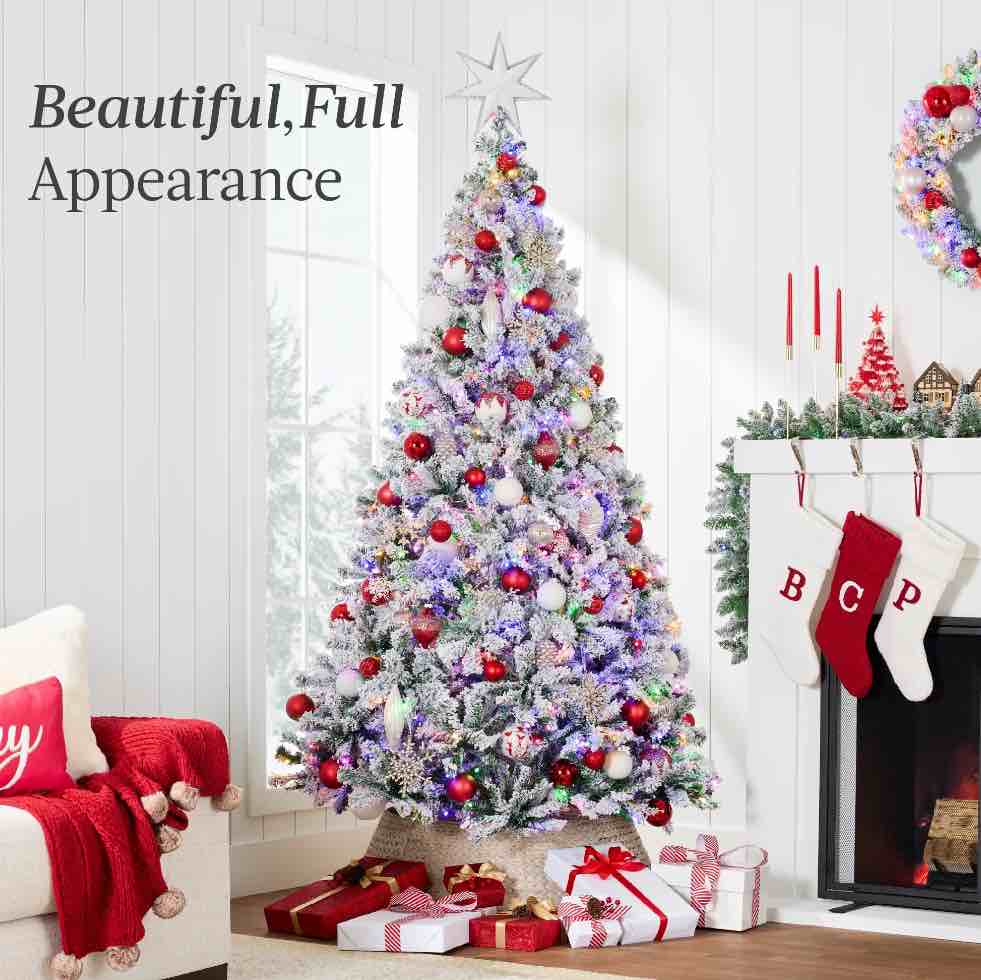 Best Choice Products 6ft Pre-Lit Christmas Pine Tree w/ Flocked Branches 250 Multicolored or Warm-White Light Modes