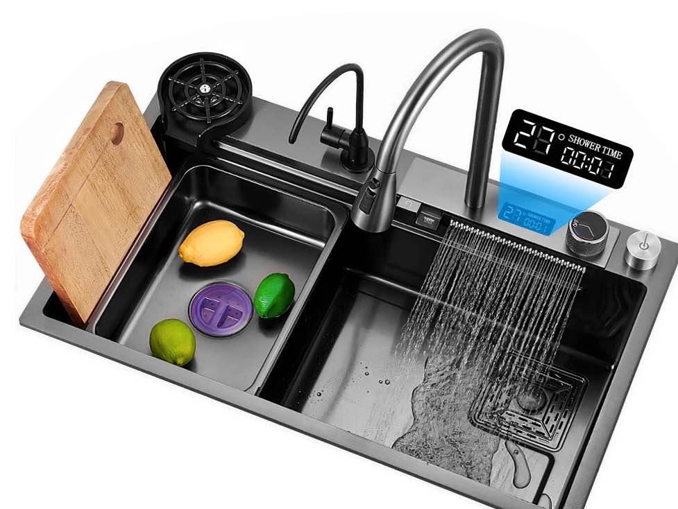Waterfall Kitchen Sink, 26.77" Single Bowl Drop In Kitchen Sink with Pull-Out Faucet, Thickened Stainless Steel Digital Display Kitchen Sink, Black