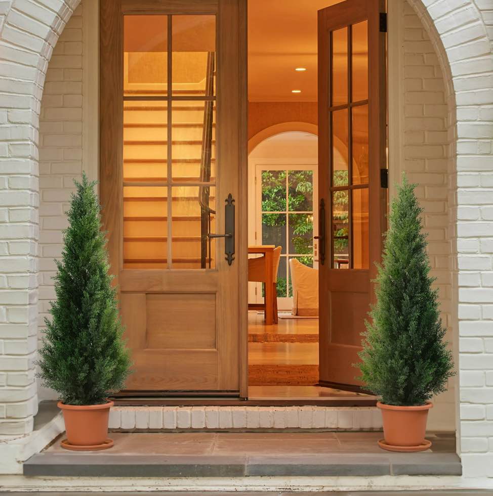 Artificial Cedar Tree 2 Pack 3 ft Outdoor Artificial Topiary Cedar Plants Fake Tree UV Rated Potted Plants for Porch Decor Faux Pine Tree for Perfect Housewarming Gift