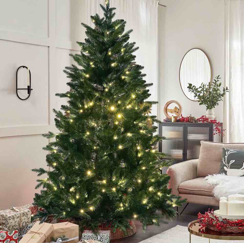 Qunler Christmas Tree, 6ft Hinged Pre-Lit Christmas Tree with 980 PE & PVC Tips, 300 Warm White & Multicolor 10 Modes LED Lights, Artificial Pine Tree for Xmas Holiday Decor