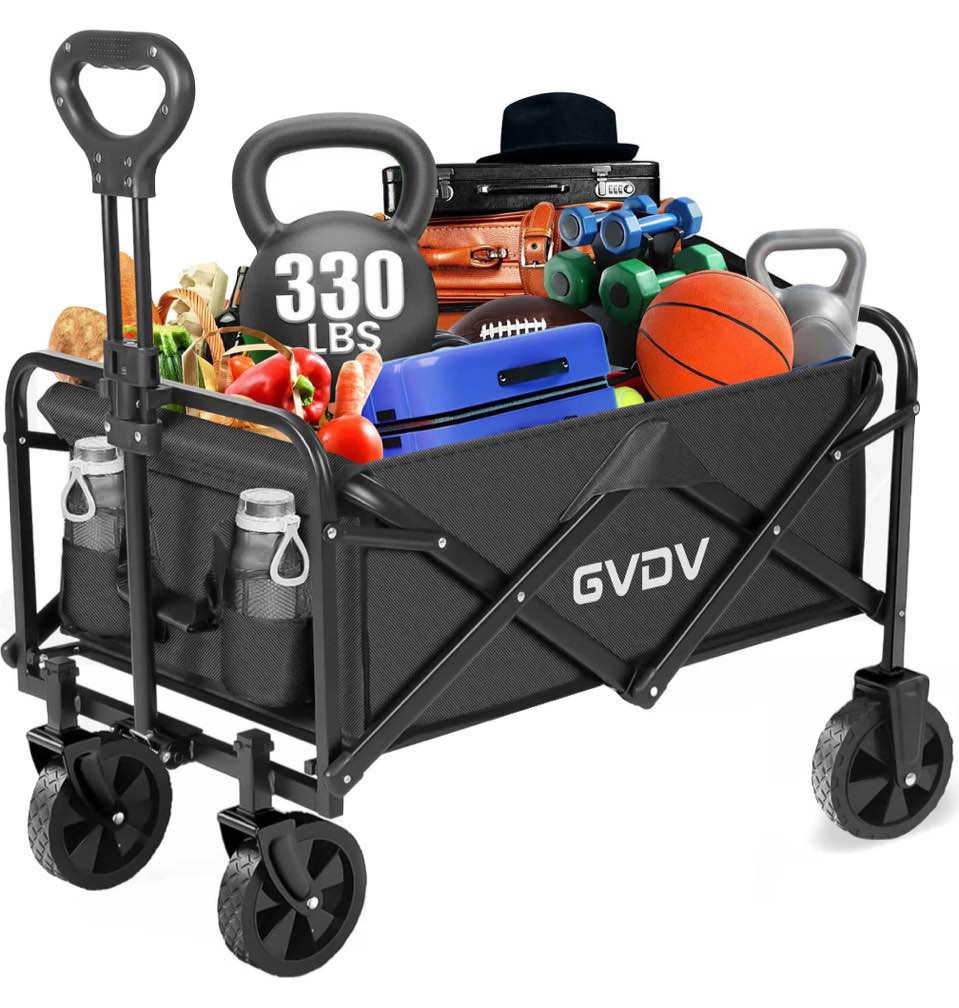 GVDV Collapsible Wagon Cart, Portable Utility Wagon for Camping, Beach, Picnic, Shopping, Sports, and Grocery Transport, Black