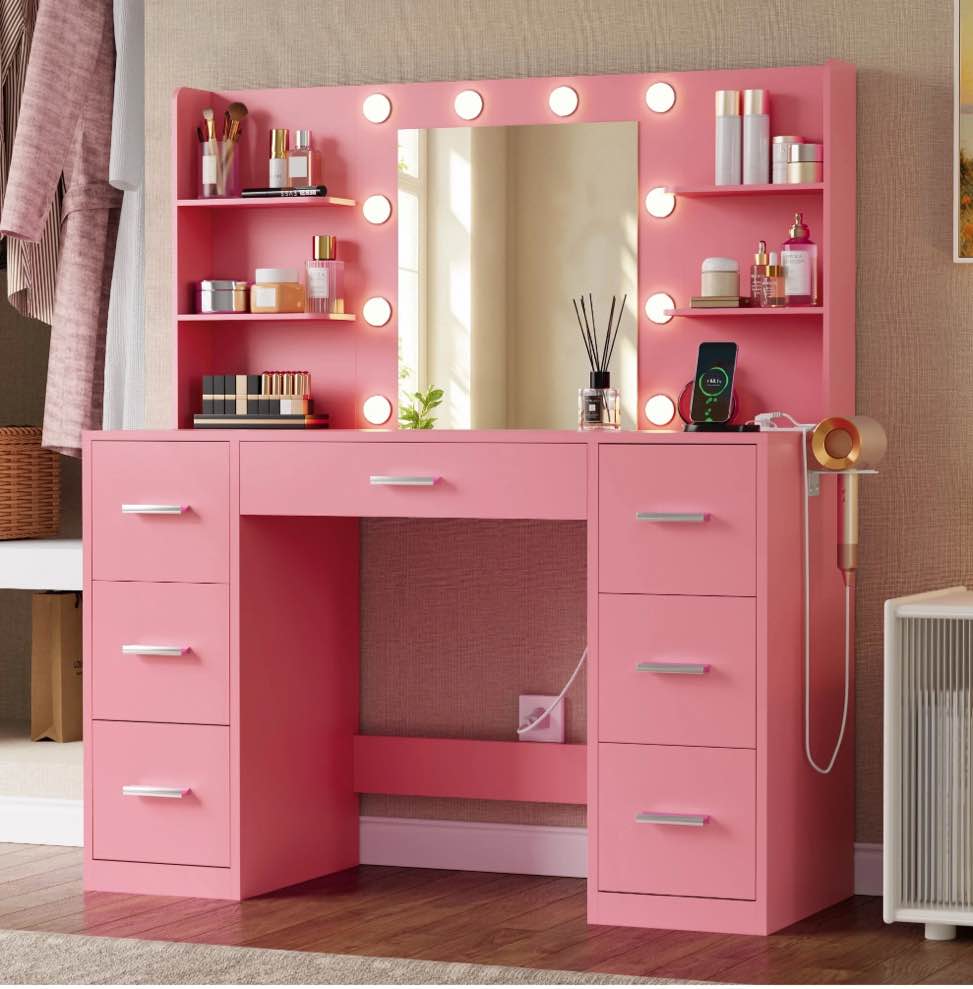Lacoo Vanity Desk with Mirror and LED Lights, Makeup Vanity with 7 Drawers & 4 Shelves, Vanity Table with Power Outlet for Bedroom Dressing Room, Light Pink
