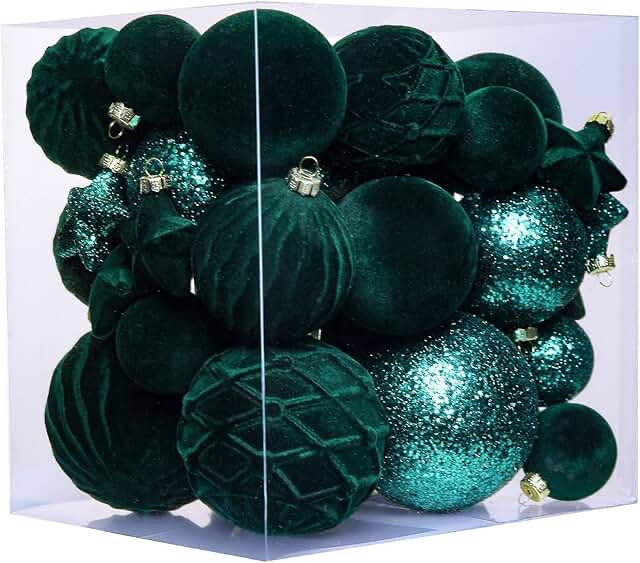 38 Pcs Dark Green Velvet Christmas Ball Ornaments Dark Green Christmas Tree Decorations with Paper Ornaments, Shatterproof Hanging Xmas Décor Set for Office Home Holiday in 3 Sizes(Small Medium Large)