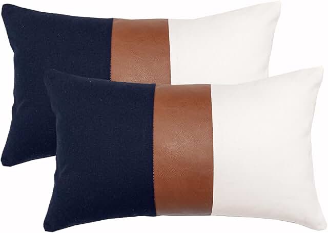 Vfuty Farmhouse Rustic Lumbar Pillow Covers 12x20 Boho Cotton Pillowcase, Modern Faux Leather Accent