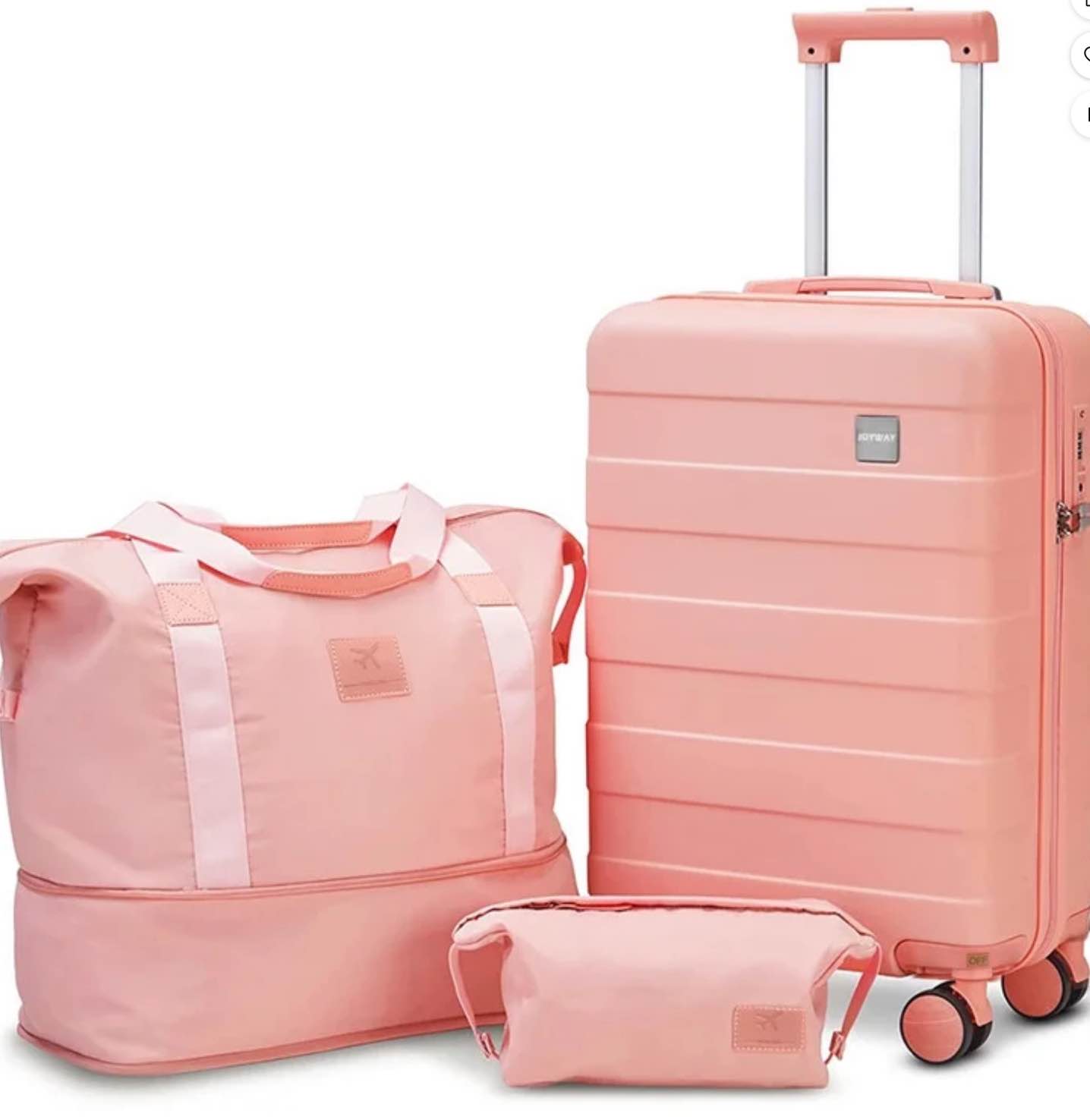 Joyway 3-Piece Luggage Set 20-Inch Carry-On Suitcase with Spinner Wheels TSA Lock Travel Duffel Bag and Toiletry Bag Hardside Lightweight Luggage Pink