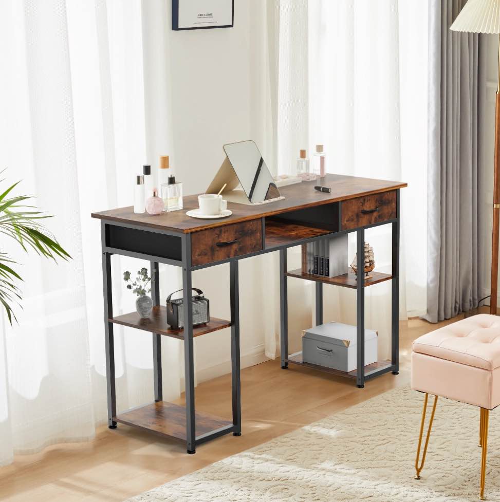 CONCETTA 48 inch Small Desk with Fabric Drawers & Storage Shelves, Computer Desk, Writing Desk for Home Office, Bedroom, Rust Brown