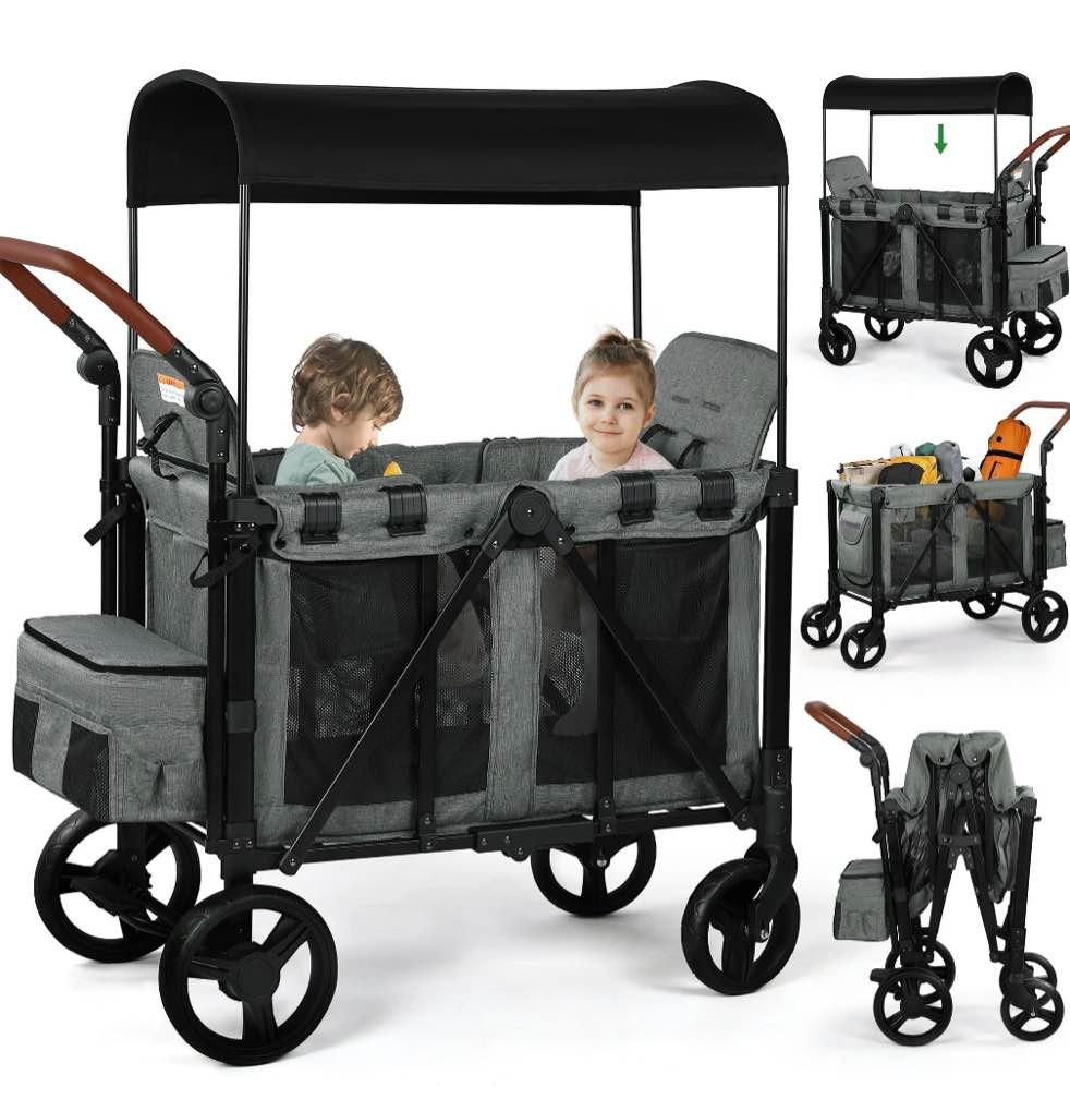 Vomeast Wagon Stroller for 2 Kids, 3-in-1 Stroller Wagon with Canopy, 5-Point Harness, Adjustable Handlebars, Removable Seat for Toddlers, Grey