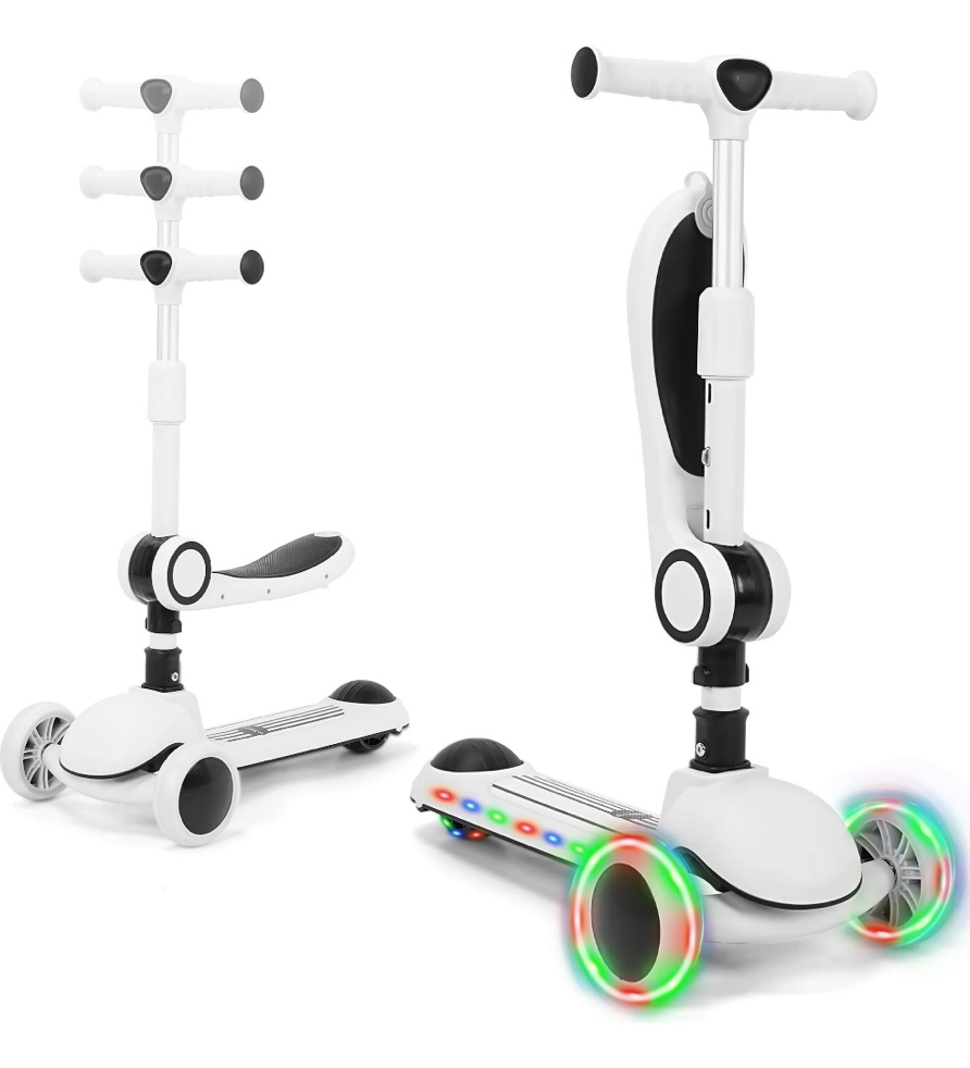 Skyhot Kids Scooter with LED Lighted Wheels, 3 Adjustable Height Handlebars and Foldable Seat - Sit or Stand Ride, Lean-to-Steer & Widen Anti-Slip Deck, Scooters for Kids 3-6, Black