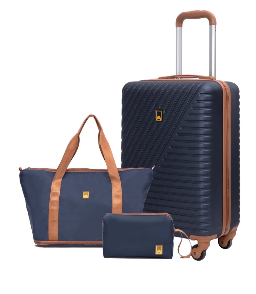 Landisun 3 Piece Carry-on Luggage Sets, Hardside Suitcase Set with Spinner Wheels, Portable Travel Bag and Toiletry Bag, Blue