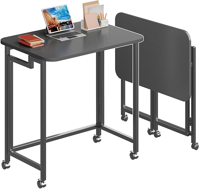 Mobile Folding Desk Rolling Compact Laptop Desk, Foldable Computer Desk with Wheels for Small Space Black