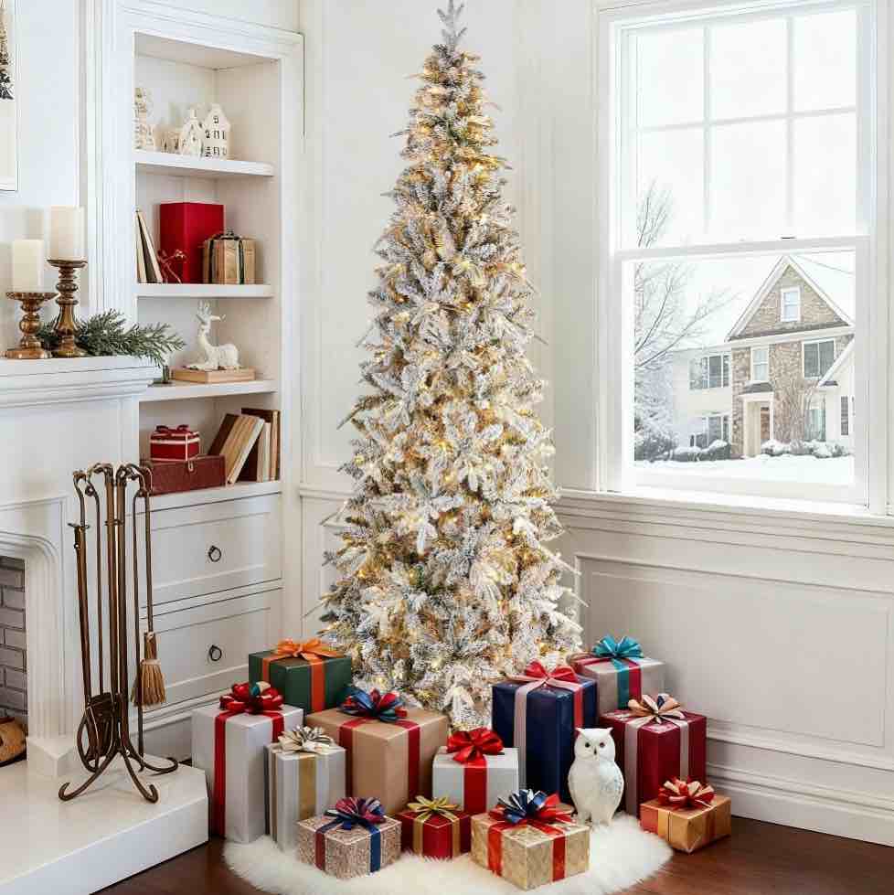 Qunler 7ft Pre-Lit Snow Flocked Artificial PE+PVC Christmas Tree with 350 Warm White 8 Modes LED Lights, Green