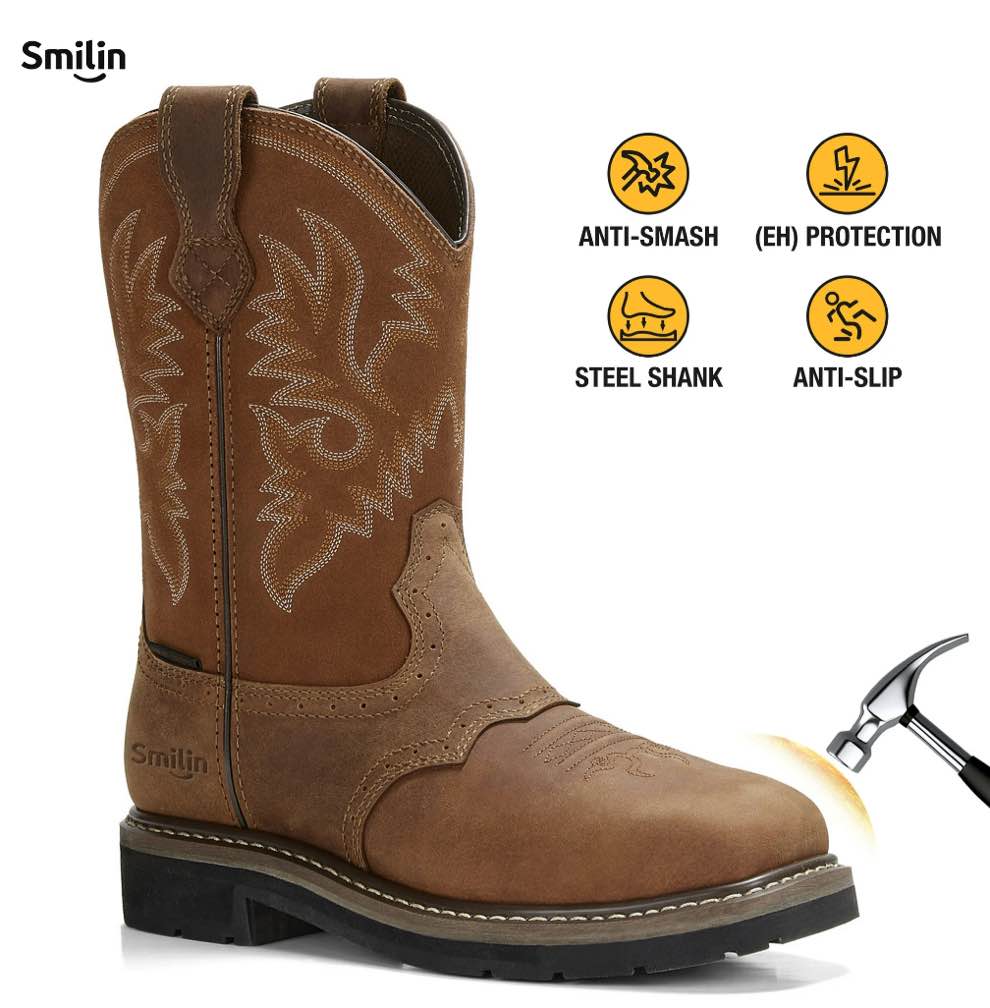 SMILIN Steel Toe Boots For Men Pull-on Western Work Boots,Brown,Size 7