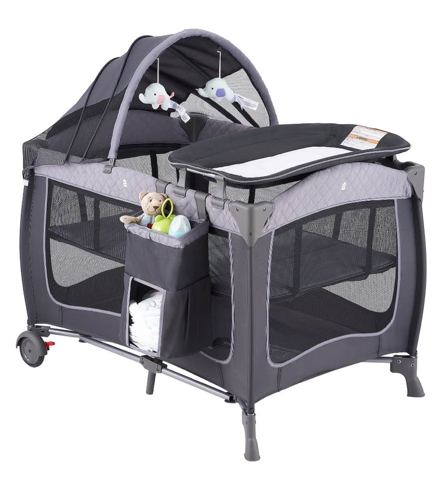 Pamo Babe Unisex Portable Baby Play Yard Include Wheels, Canopy, Changing Table for Newborn(Grey)
