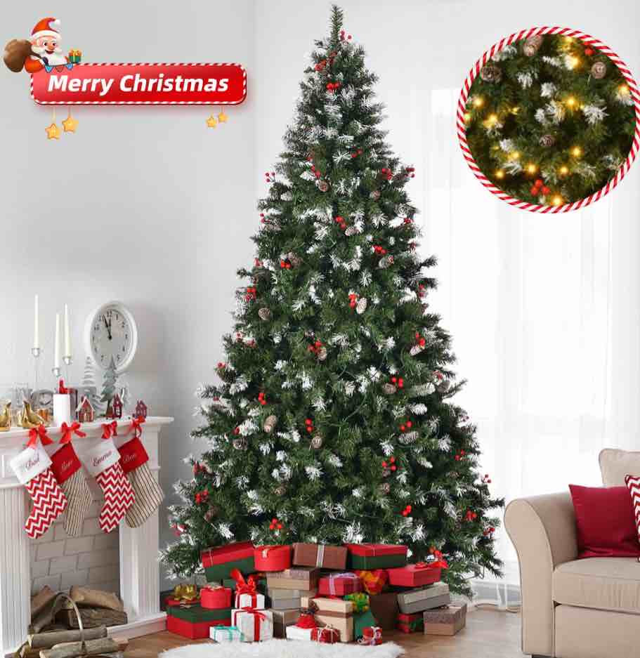 7 FT Pre-lit Christmas Tree, Flocked Xmas Pine Tree with 1368 Branch Tips, Pinecones, Berries and Warm Lights for Holiday Party Office Home