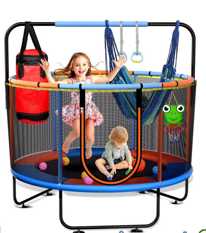 Skyhot 55" Indoor Outdoor Mini Round Trampoline for Kids with Enclosure Net and Basketball Hoop