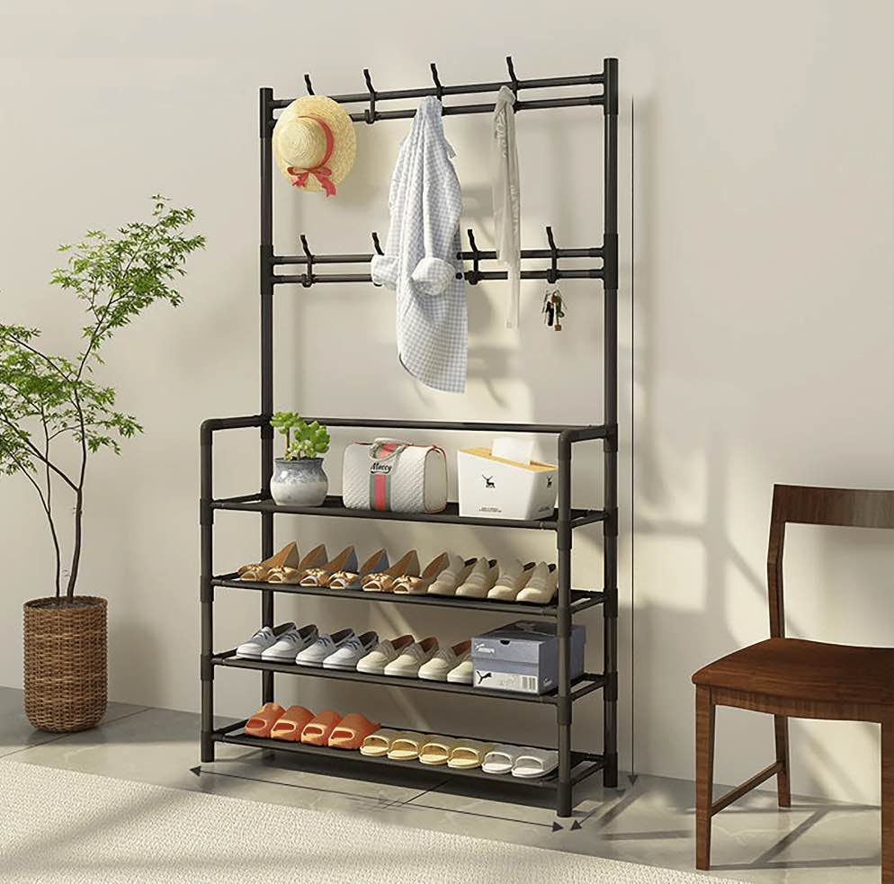HioHa Coat and Shoe Rack, Hall Tree for Entryway with 4-Tier Storage Shelves,Storage Organizer with 8 Hooks for Bedroom, Hallway, Office, Black