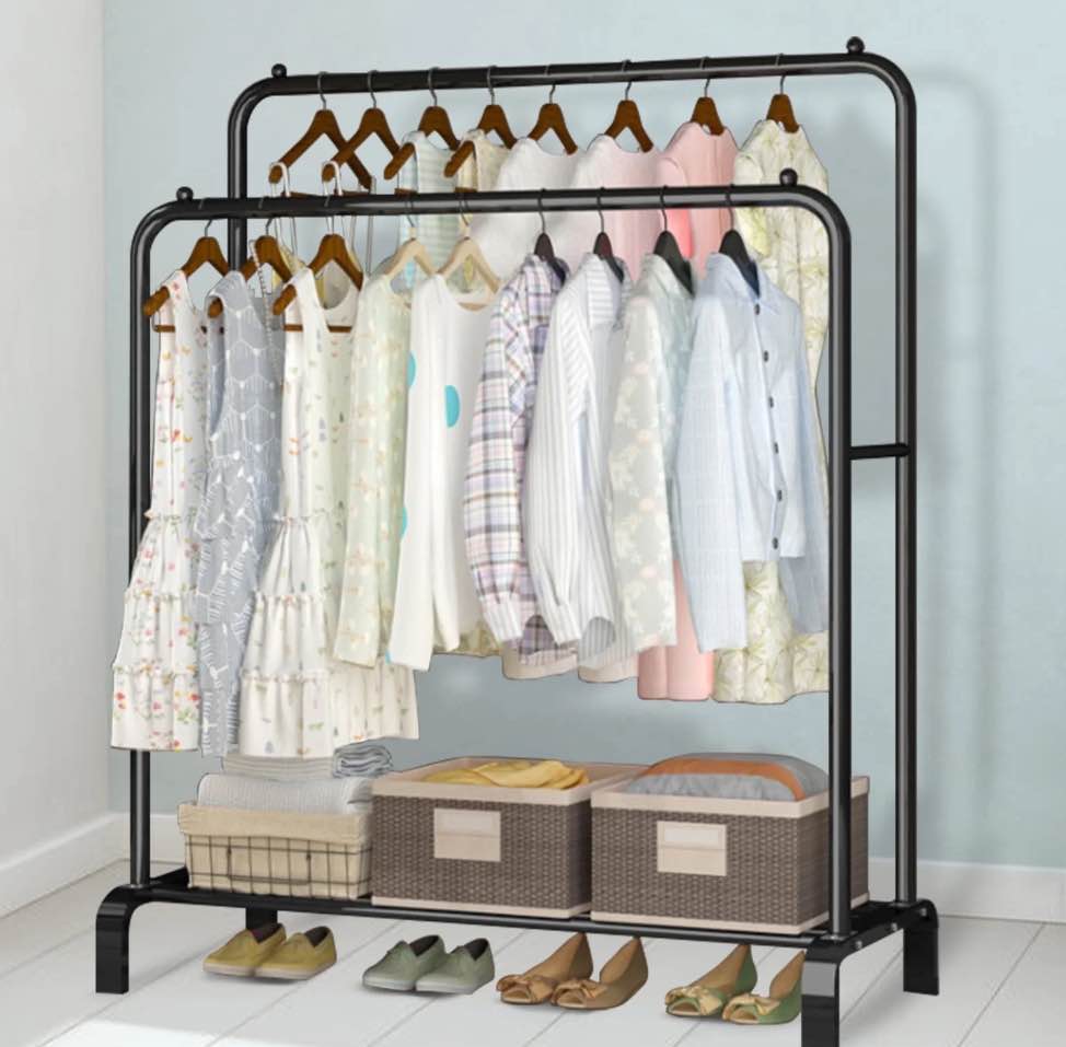 Clothing Garment Rack,Double Rails Closet Clothes Rack with Bottom Shelves and 4 Hooks,Freestanding Clothes Organizer Rack for Hanging Clothes Black