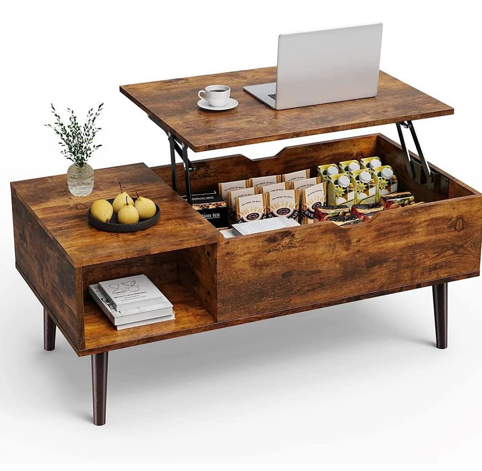 edx Adjustable Height Wooden Coffee Table with Hidden Compartments and Shelves - Perfect for Small Homes, Apartments, Reception Rooms, Rust Brown
