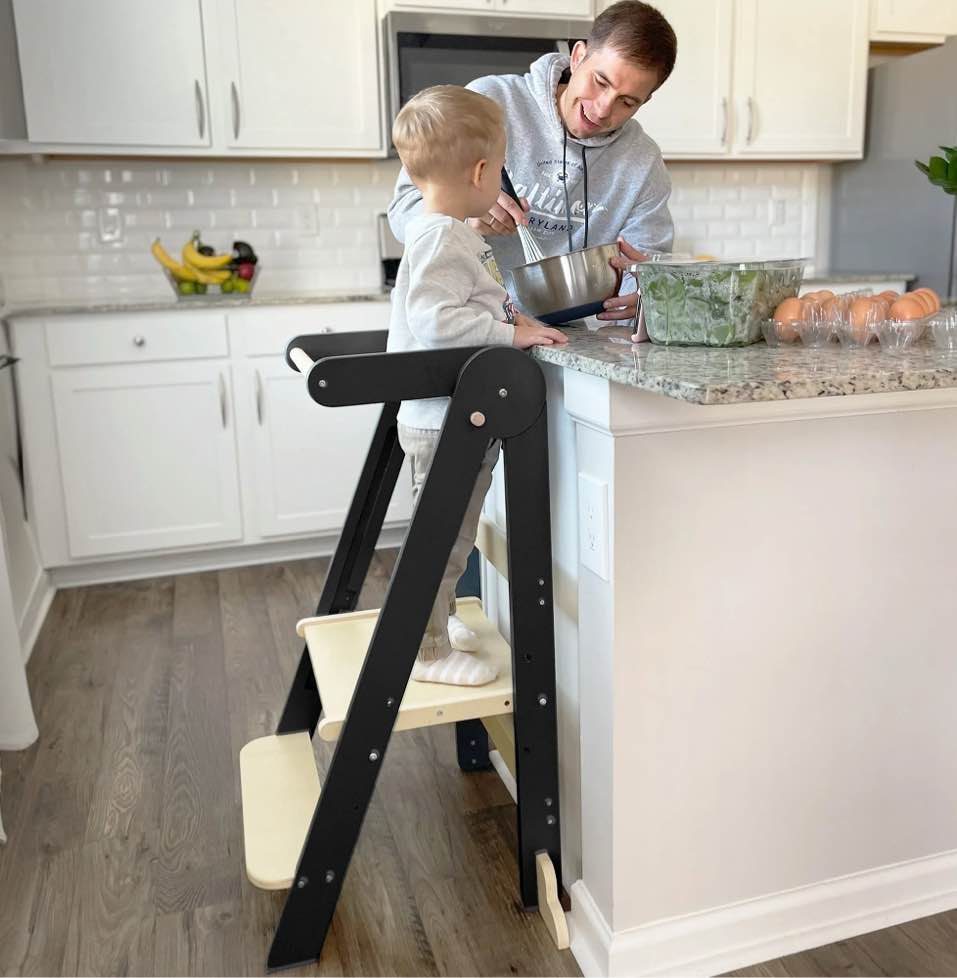HARPPA Foldable Toddler Kitchen Tower, Standing Tower for Kids Age 1.5-6 Years, Black