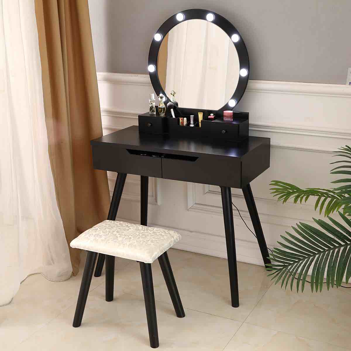 Ktaxon Vanity Set with Round Lighted Mirror  Makeup Dressing Table with 8 Light Bulbs & Cushioned Stool Set Bedroom Vanities Set Black