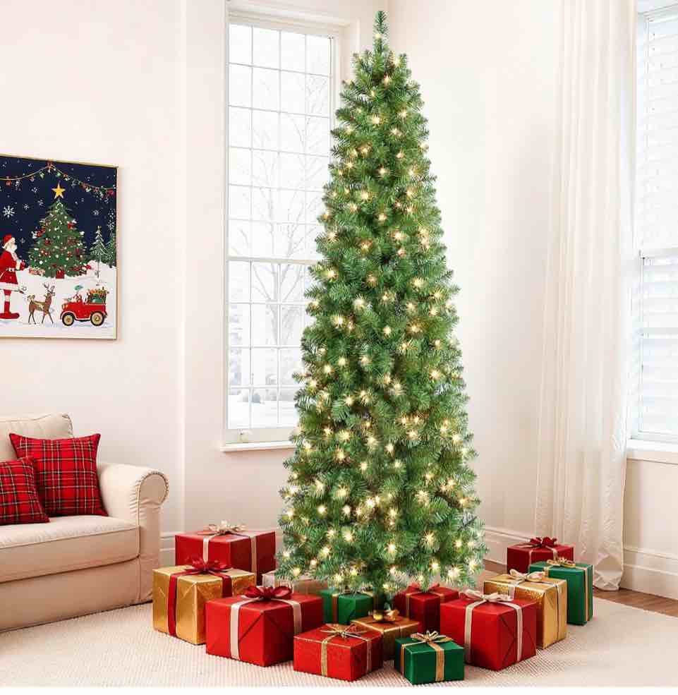 Alupssuc 6.5ft Prelit Artificial Slim Pencil Christmas Tree w/ Warm White Lights, Full Branch Tips, Perfect Choice Decoration for Xmas Holiday